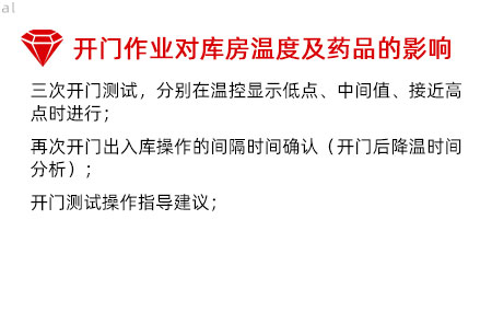 開門作業(yè)對(duì)庫房溫度影響及藥品的影響：三次開門測(cè)試，分別在溫控顯示低點(diǎn)、中間值、接 近高點(diǎn)時(shí)進(jìn)行； 再次開門出入庫操作的間隔時(shí)間確認(rèn)（開門后降溫 時(shí)間分析）； 開門測(cè)試操作指導(dǎo)建議；
